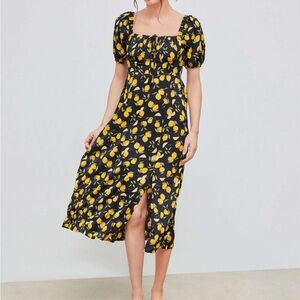 Cider Lemon Floral Puff Sleeve Midi Dress